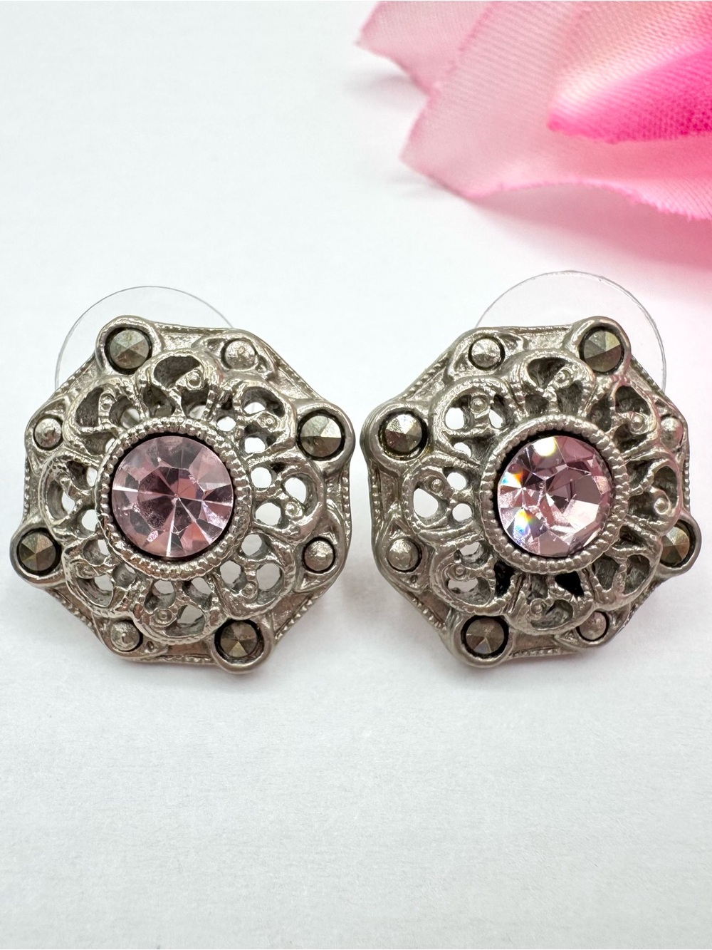 Vintage 1928 Pink Rhinestone Earrings Filigree Victorian Revival Silver Tone